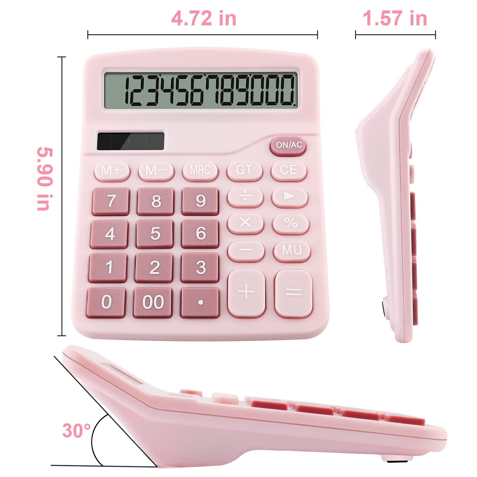 Office Desk Calculator with Solar Power, 12 Digits Large LED Display, Calculators Desktop with Big Buttons, Pink Office Home School Supplies (Pink)