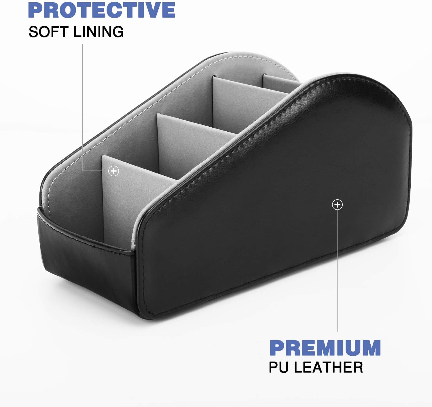 MoKo Leather TV Remote Control Holder, 5-Compartment Desktop Organizer for Controllers Office Supplies, Media Accessory Storage - Black - Image 4