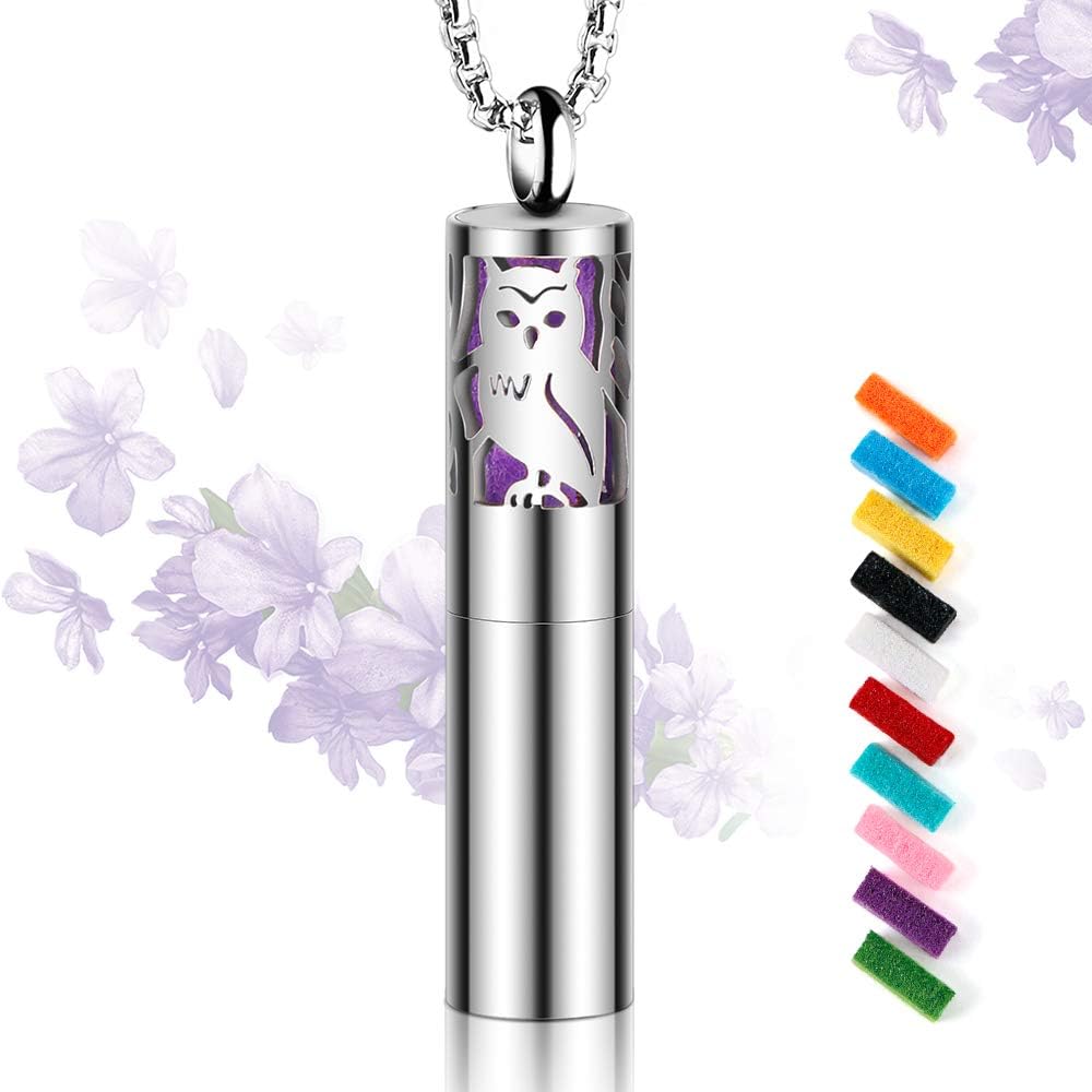RoyAroma Essential Oil Diffuser Necklace,Aromatherapy Diffuser Owl Pattern Pendant Locket Necklace, Diffuser and Container 2-in-1 Stainless Steel Necklace with 10 Color Pads-Gift for Male & Female