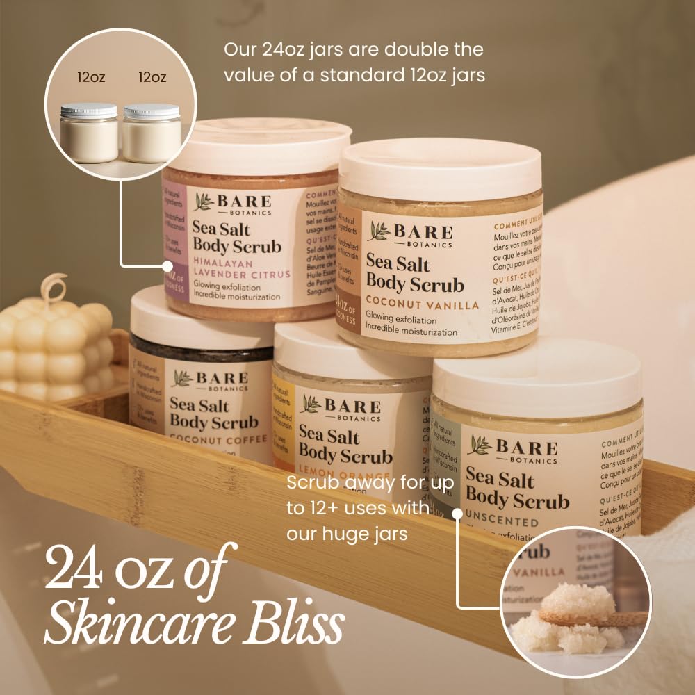 Bare Botanics Lemon Orange Body Scrub 24oz | Made in Madison, WI | All Natural Sea Salt Exfoliator w/ Skin Loving Moisturizers | Vegan & Cruelty Free | Gift Ready Packaging w/ a Cute Wooden Spoon