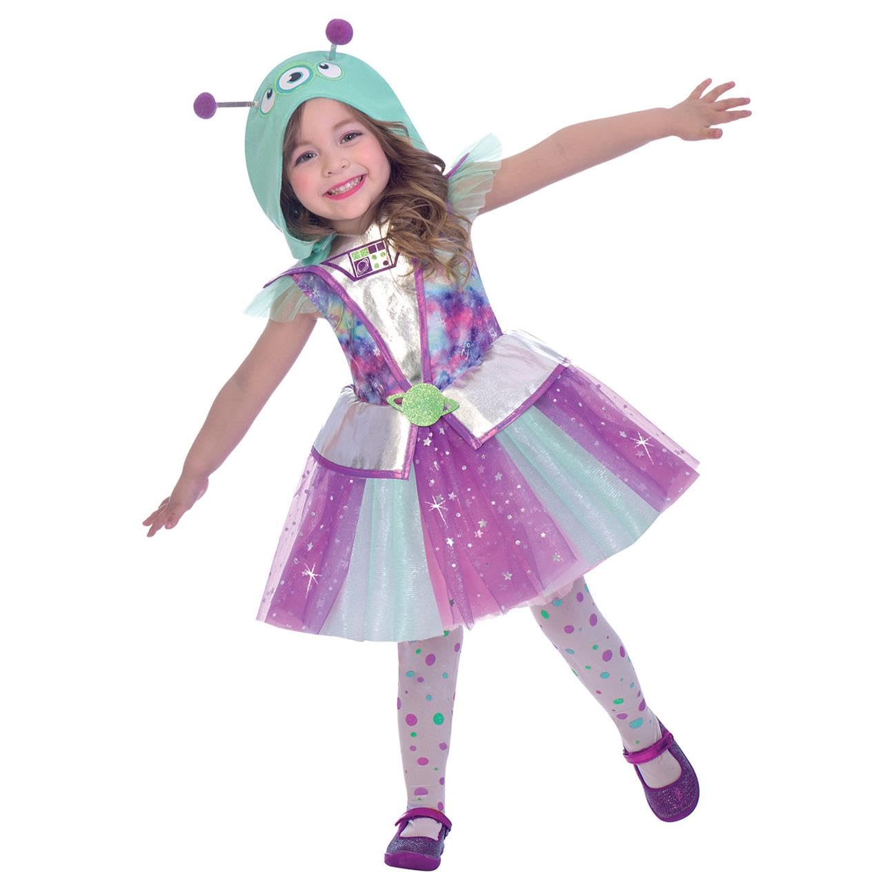 Adorable Galaxy Alien Dress with Alien Head Hoodie - Age 6-8 Years - 1 PC, Multi-colored