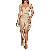 Floerns Women's Elegant Twist Cut Out V Neck Maxi Dress Sleeveless Satin Bodycon Wedding Guest Dress