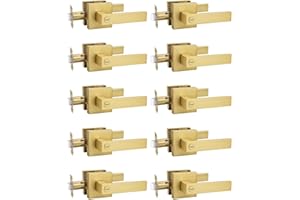 Tinewa 10 Pack Heavy Duty Gold Square Privacy Interior Door Levers, Satin Brass Finish, Bedroom and Bathroom Door Handles Keyless Bed/Bath Lockset