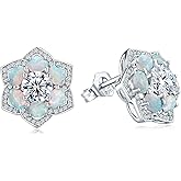 RANDES Sterling Silver Flower Shaped Stud Earrings for Women Trendy Six Leaf Clover Earrings Ruby/Sapphire/Emerald Stone Diamond Statement Studs Birthstone Anniversary Jewelry