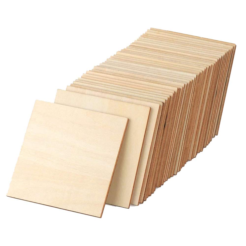 FSZBWL Unfinished Wood Pieces 50 Pcs 4 Inch Square Blank Wood Natural Slices Cutouts for Painting Staining