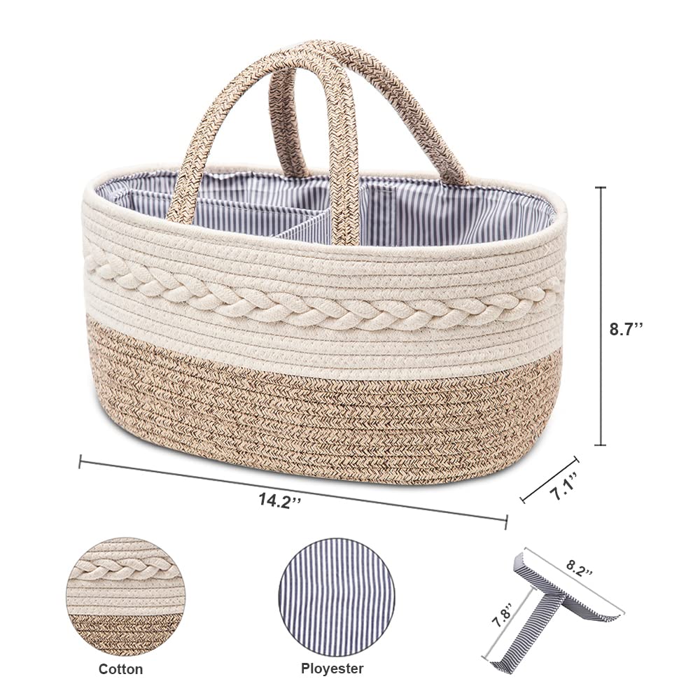 Baby Diaper Caddy Organizer, Portable Nursery Storage Basket with Changeable Compartments, 100% Cotton Woven Rope Baskets, Car & Changing Table Tote, Newborn Gift