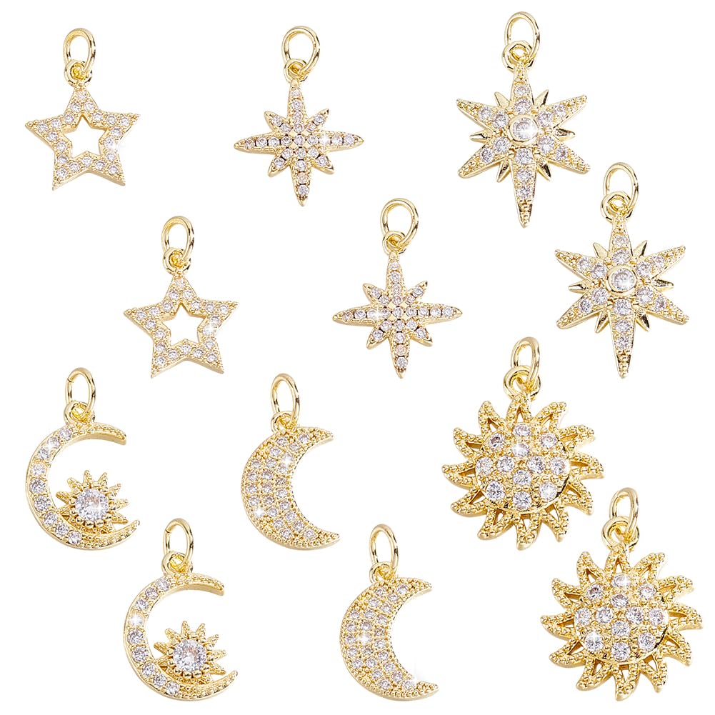 HOBBIESAY 24Pcs 6 Styles Moon Sun Star Connectors Charms 24K Gold Plated Dangle Charm Brass Links Charms Small Double Hole Pendant for DIY Bracelets Earring Necklace Jewelry Making