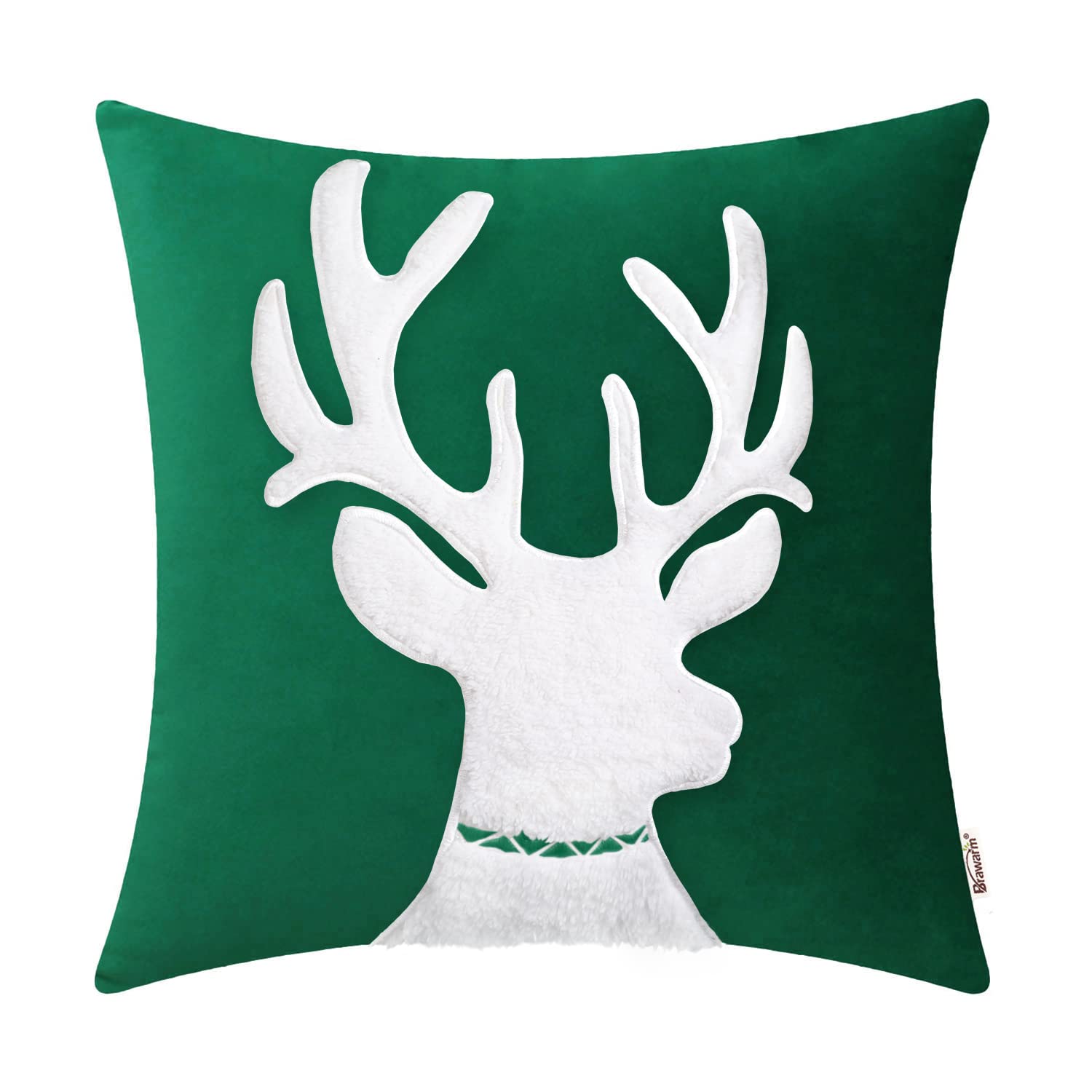 BRAWARM Christmas Reindeer Throw Pillow Cover Cases, Velvet Applique Embroidered Sherpa Christmas Cushion Covers, for Christmas Decoration Couch Sofa Living Room 50cm x 50cm Christmas Green