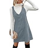 Koinshha Women V Neck Corduroy Overall Dress Casual Loose Short Pinafore Dresses Cute Mini Jumper Dress
