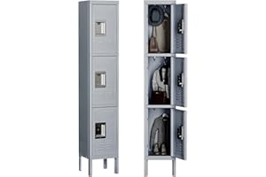 MIIIKO Employee Lockers, Metal Cabinet 3 Doors, Gym Locker with Hooks, 3 Tier Shelves Storage Locker Organizer for School Kids, Home Office Bedroom