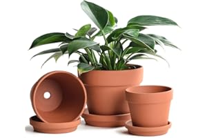 INGOFIN Terracotta Pots Set with Saucer - 5/6/7 inch Ceramic Clay Planters with Drainage Hole, Garden Flower Succulent Pots with Tray for Indoor Outdoor Plants, Set of 3
