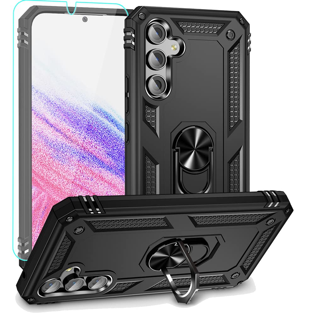 for Samsung Galaxy A54 5G Case with HD Screen Protector, Military-Grade Metal Ring Grip Holder Kickstand 15ft Drop Tested Shockproof Cover Case for Samsung Galaxy A54 5G Black
