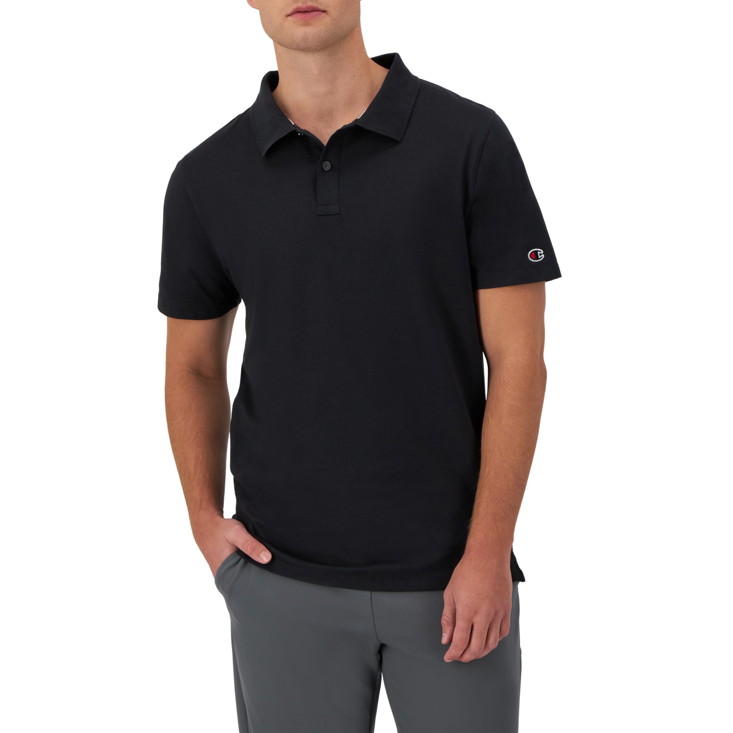 Champion T, Moisture Wicking, Best Polo Shirt for Men, Short-Sleeve Tee, Black with Taglet, Small