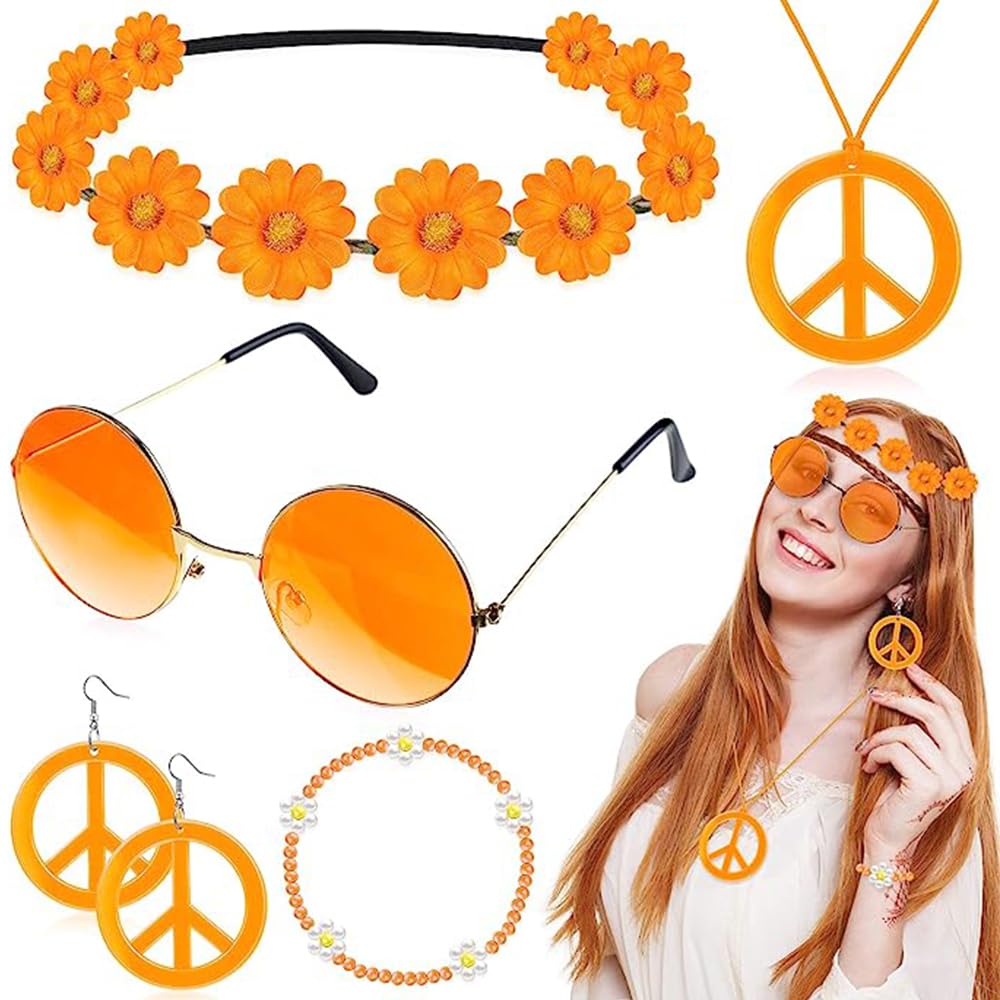 mefound 6 Pcs Hippie Costume Accessories Set,60s 70s Hippy Dressing Accessory Women Supplies Fancy Glasses Peace Sign Necklace Earrings wristband and Hippie Headband — image 1