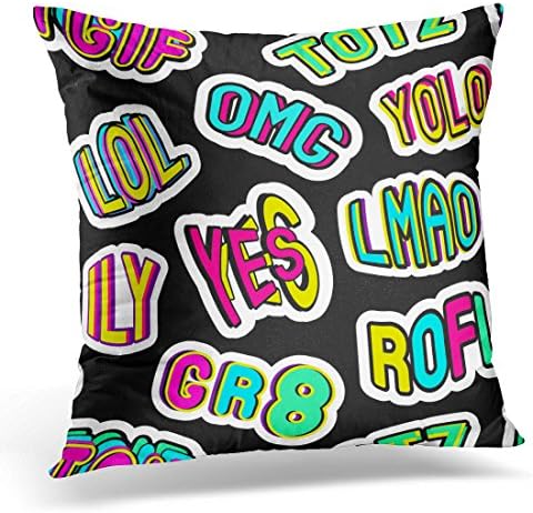 Sdamas Decorative Pillow Cover Colorful with Patches Stickers Badges Pins with Words Totz Tgif Yolo Lol Omg Gr8 Rofl Ily Lmao Black Teen Throw Pillow Case Square Home Decor Pillowcase 16x16 Inches