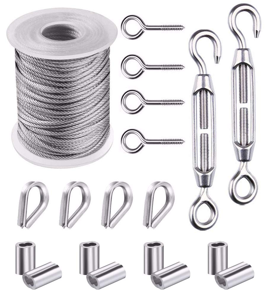 Garden Wire Rope, PVC Coated Picture Wire 15M with Turnbuckle Wire Tensioner/Thimble/Eye Hooks/Loop, Heavy Duty 304 Stainless Steel Picture Hanging Wire Cable for Climbing Plants Fence Clothesline