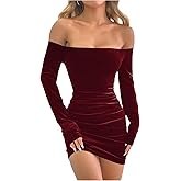 winkbay Women's Velvet Off The Shoulder Dress Long Sleeve Bodycon Mini Fall Cocktail Party Club Dresses