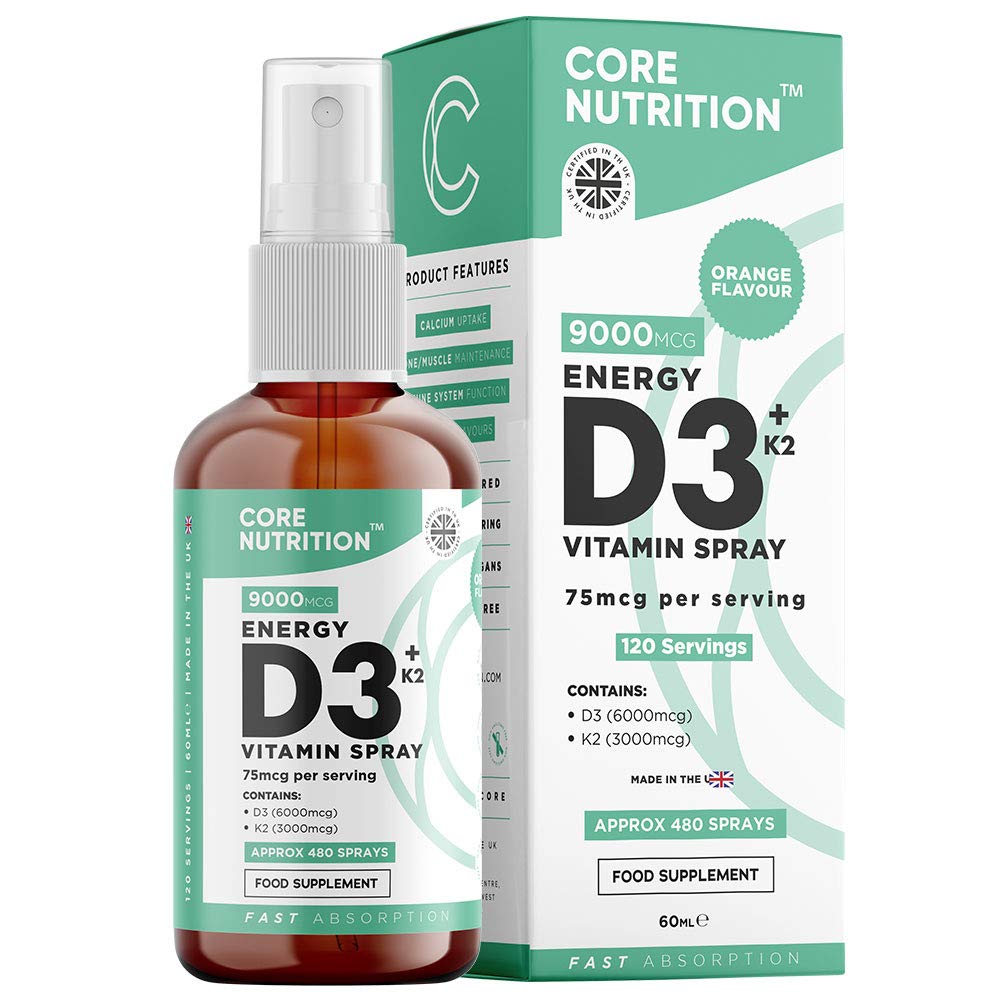 Core Vitamin D3 + K2 Spray | 2000iu (50mcg) Vitamin D3 + 25mcg Vitamin K2 (MK7) High Strength | 60ml for 120 Day Supply | 100% Vegan | Natural Orange Vitamin D Spray by Core Nutrition (Single Pack)