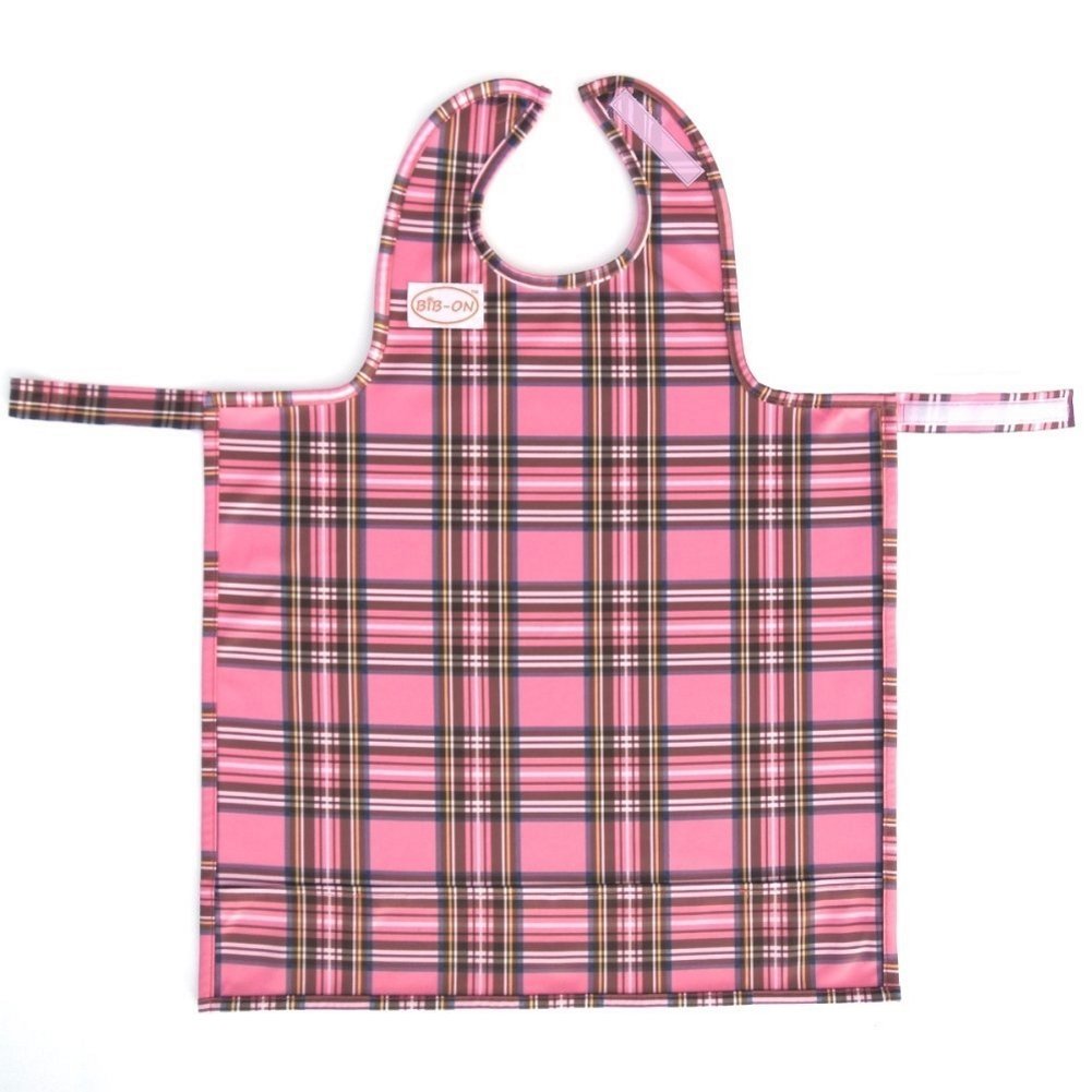 BIB-ON, A New, Full-Coverage Bib and Apron Combination for Infant, Baby, Toddler Ages 0-4. (Pink Plaid)