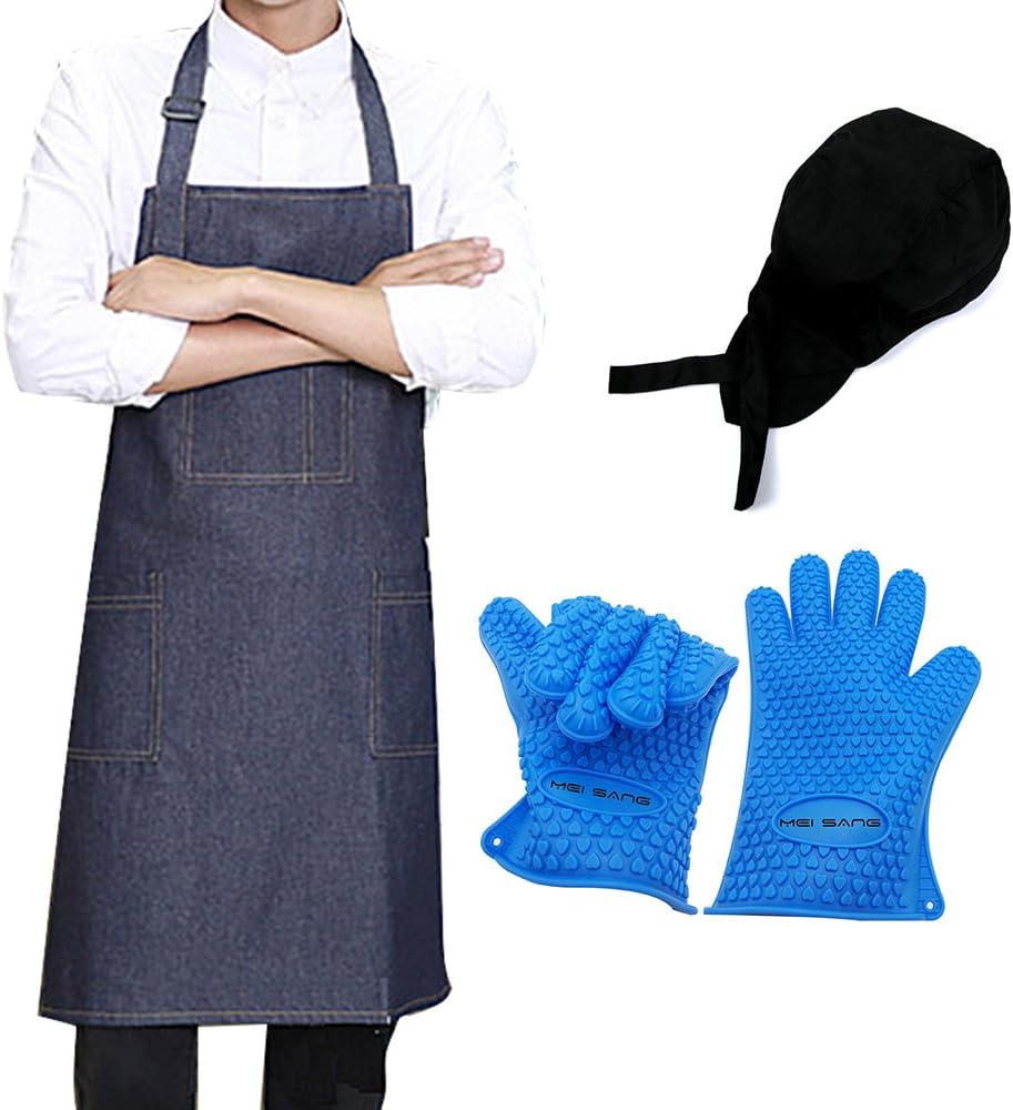 MEI SANG Denim Jean work Apron set , Adjustable Chef Kitchen with Pockets and two Silicone Glove and one hat for Men and Women,Royal Blue (2)