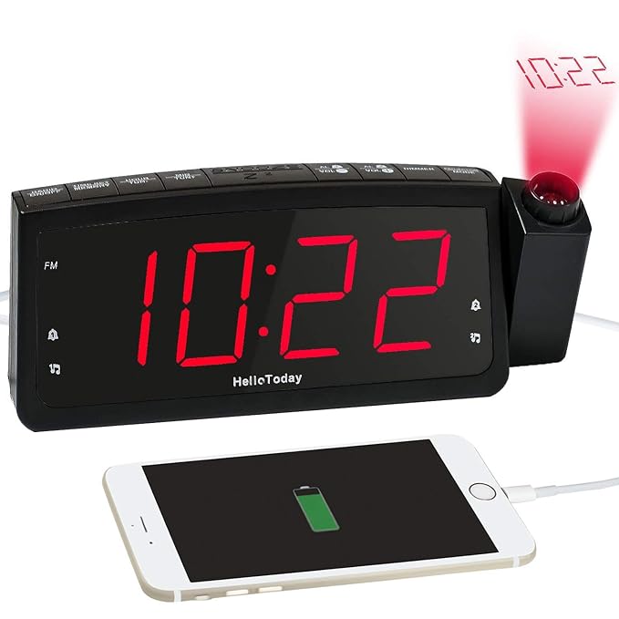HelloToday Projektionswecker, FM Radiowecker-Doppelalarme, Große Digitale LED-Anzeige, USB-Ladeanschluss, Snooze, Dimmer