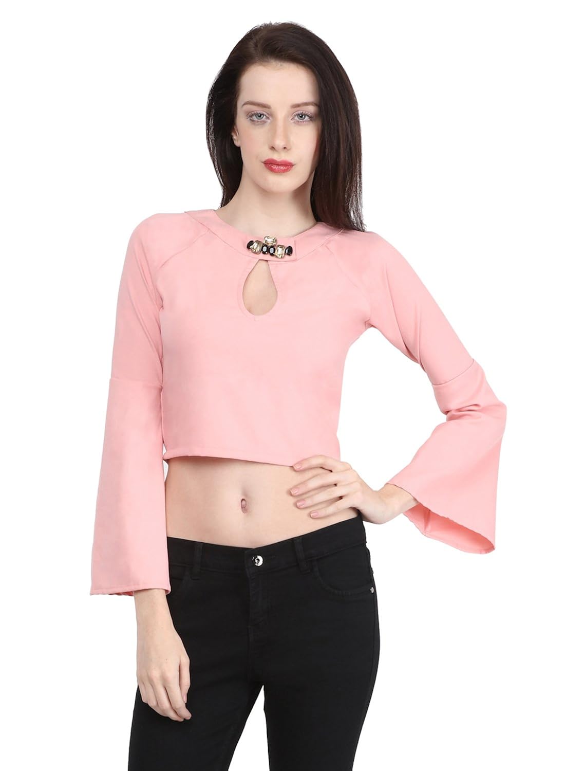 martini pink bell sleeve moss lycra embellished party crop top