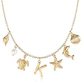 NEKOL Initial K Charm Necklace For Women, Boho Gold Summer Beach Surfer Letter Necklace Starfish Seashell Pearl Turtles Dolphin Charms Pendant, Trendy Pendant Alphabet Choker Necklace Jewelry Gifts
