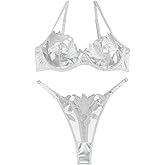 Lilosy Sexy Satin Mesh Floral Sheer Embroidered Underwire Lingerie Set 2 Piece Women