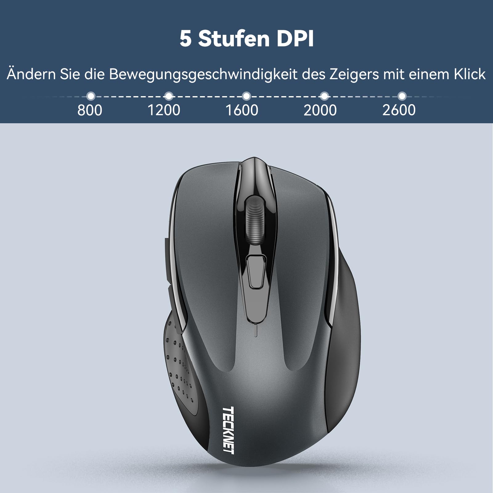 TECKNET Kabellose Maus, 2.4G Optische Funkmaus mit USB Empfänger, 2600 DPI, 24 Monate Akkulaufzei, Ergonomisches Design Wireless Mouse Kompatibel mit Laptop, PC, MacBook, Office Home, Grau 3