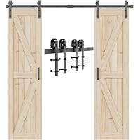 ZEKOO 12FT Single Track Bypass Sliding Barn Door Hardware Kit For Double Doors, Barn Door Bypass Hardware Kit, Flat Track Roller, Low Ceiling (J Shape Hanger