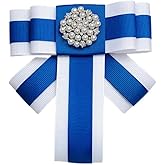 Ribbon Bow Tie Elegant Pearl and Crystal Bow Brooch, Royal Blue and White Ribbon, Decorative Fashion Accessory with Rhinestone Center, Sorority Paraphernalia Flower Brooch Pin for Women Greek, Sorority Inspired for D9 Events, Conferences, Luncheons