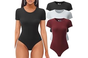 Kivdol 3 Pack Women's Round Neck Short Sleeve T Shirts Basic RibKnit Bodysuits