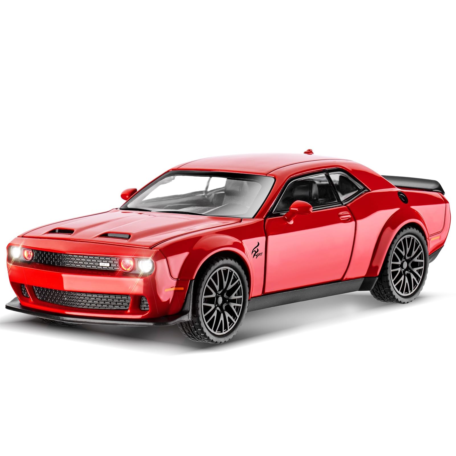 MODVKVK Dodge Challenger 1:32 Model Car, Die-Cast Metal Toy Cars, Hellcat Toy with Sound and Light Pull-Back Function for Children Ages 3 and Up and Car Collectors (Red)