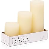 BASK Mottled Pillar Candles - Unscented Ivory Pillar Candles Set of 3 - Dripless, Smokeless for All Occasions