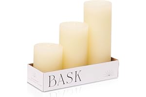 BASK Mottled Pillar Candles - Unscented Ivory Pillar Candles Set of 3 - Dripless, Smokeless for All Occasions