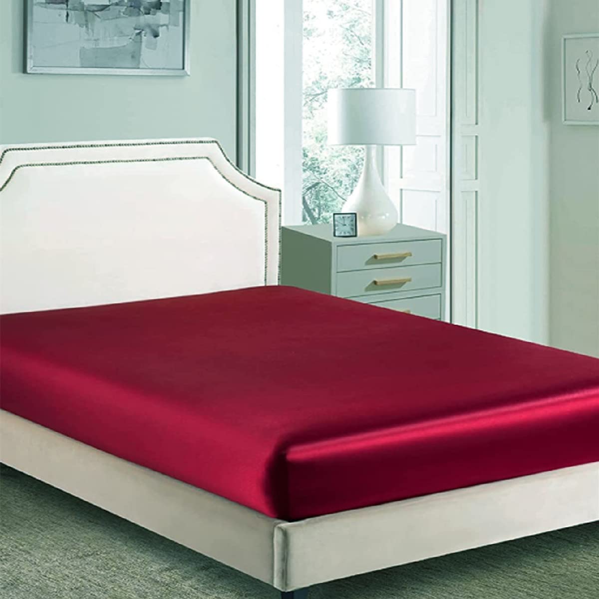Silky Satin Fitted Sheet Only Classic Luxury Silky Soft Bed Sheets Solid Color (Burguny, Single(90x190+30cm))