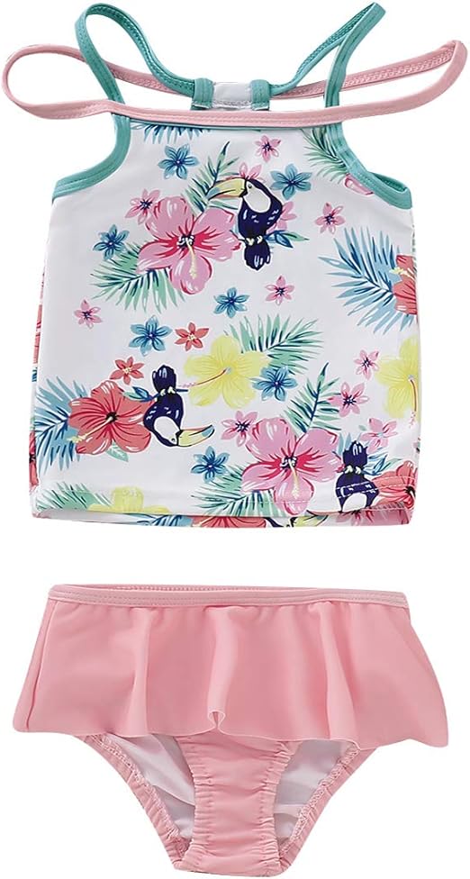 Little Kids Baby Girls Two Pieces Swimsuits Hawaiian Ruffle Swimwear Set (Pink, 18
