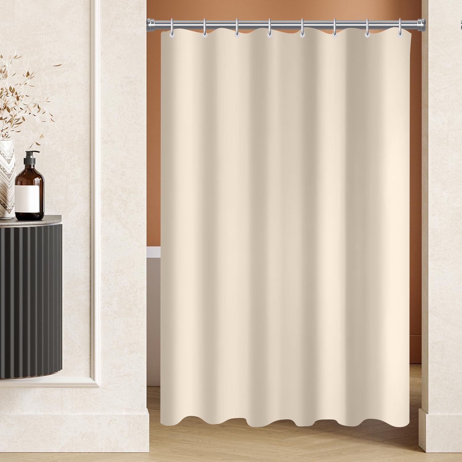 Lerores - Shower Curtain for Bathtub, 100 x 170 cm, Beige, Heavy Stain Resistant Backing, Waterproof Fabric, Washable, Polyester Curtain for Bathroom with 7 Shower Curtain Rings