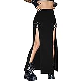 Nightycatty Women's Causal Gothic Maxi Skirt with Double Side Slits & Buckles for Party
