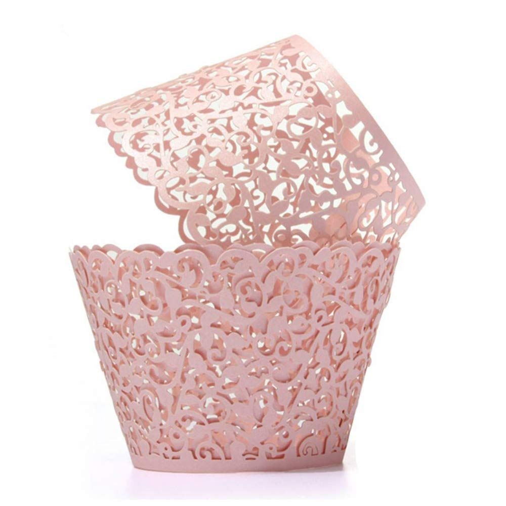 SUYEPER 100pcs Cupcake Wrappers Artistic Bake Cake Paper Cups Little Vine Lace Laser Cut Liner Baking Cup Muffin Case Trays for Wedding Party Birthday Decoration (Pink)
