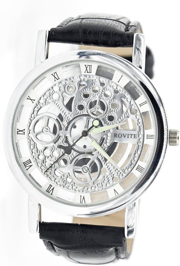 WANGSAURAMen's Hollow Engraving Black PU Leather Strap Steampunk Wrist Watch-Silver
