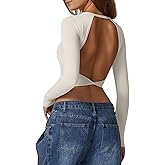 QINSEN Women's Crew Neck Open Back Long Sleeve Basic Crop Tops Stretch Backless Going Out Tee Shirt