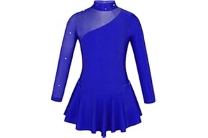 YEAHDOR Girls' Kids Figure Ice Skating Dress Mesh Splice Long Sleeve Mock Neck Ballet Dance Gymnastic Tutu Skirted Leotard