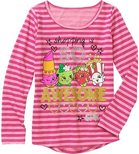 Shopkins Long Sleeve Shirt for Girls (Medium 7/8, Pink Stripe-Shopping is Awesome)