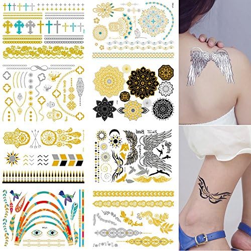 Fashion Temporary Tattoos 8 Sheets Removable Waterproof Instant Temporary Fake Jewelry Tattoos,Body Art Sticker,Wrist & Arm Bands,Metallic Gold,Silver & Color Shimmer