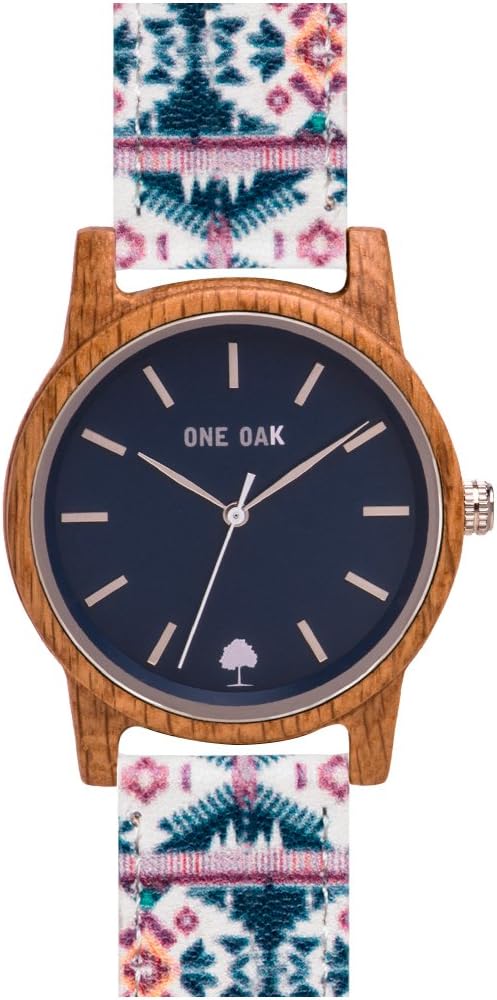 ONE OAK - Unisex Wooden Watch with 40 mm White Oak wood Dial Japanese Quartz Movement and Etnic Fabric Strap | Elysian Blue Tribe