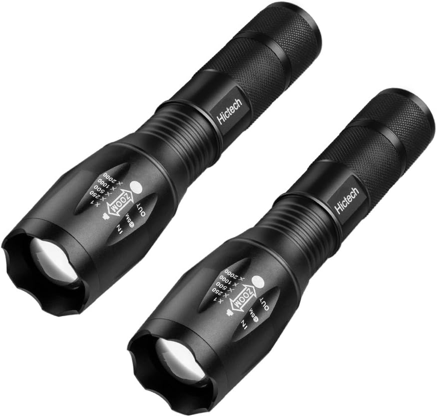 LED Flashlight, Hictech 1600 Lumens A100 Handheld Tactical Flashlight Torch with 5 Modes Super Bright Zoomable Waterproof Foucs Adjustable for Hunting, Cycling, Climbing, Camping (2PC-T6S)