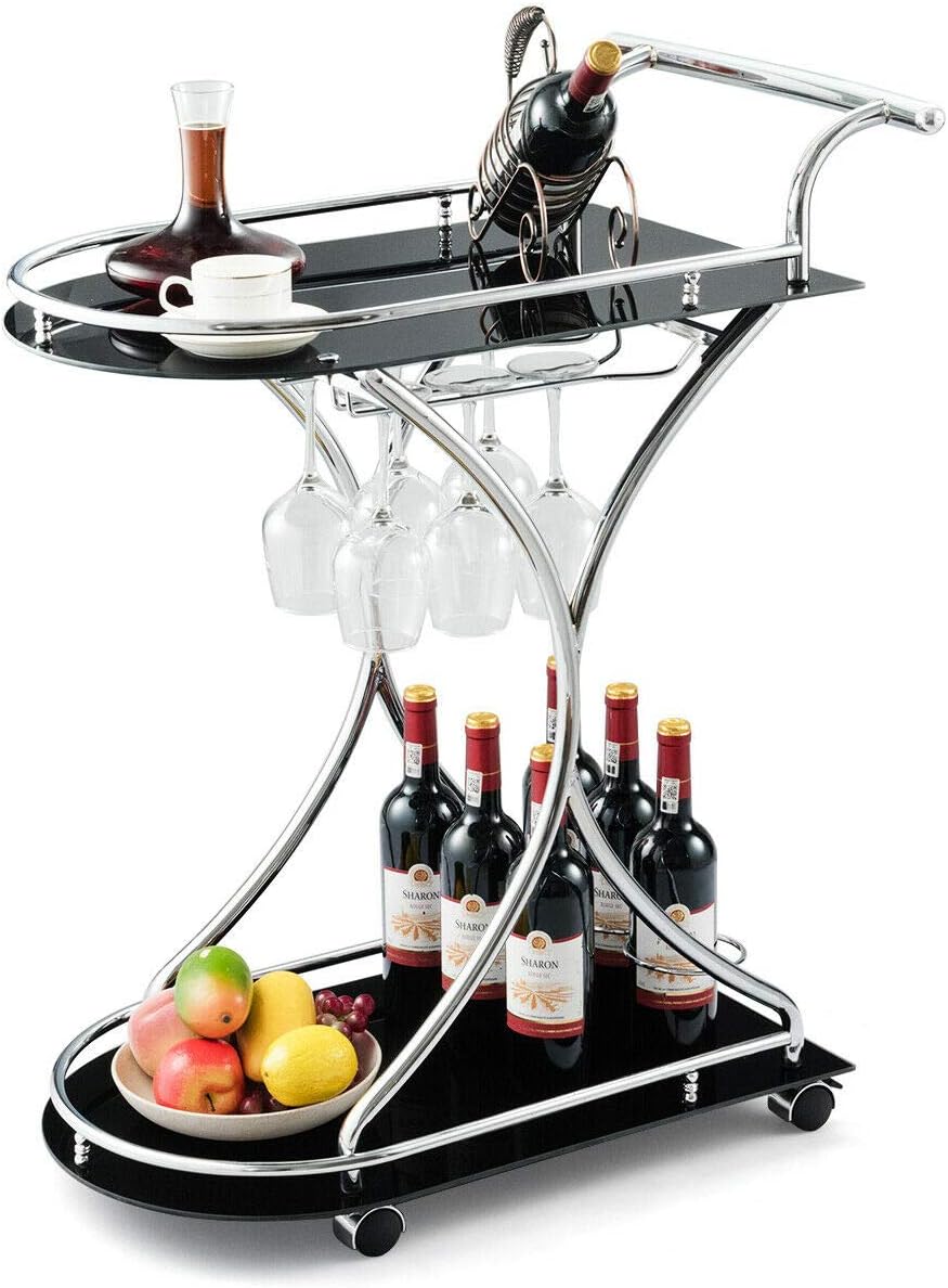 bar serving carts on Amazon Com Tangkula Rolling Bar Cart Glass Serving Cart With Metal Frame And 2 Tempered Glass Shelves Tea Wine Serving Bar Cart With 4 Wheels Ideal For Kitchen Hotel Or Restaurant Silver