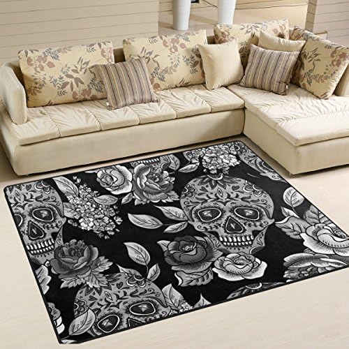 Sugar Skull Dia De Los Muertos Playmat Floor Mat For Dining Room Living Room Bedroom, 7'x5' and 5'3"x4'