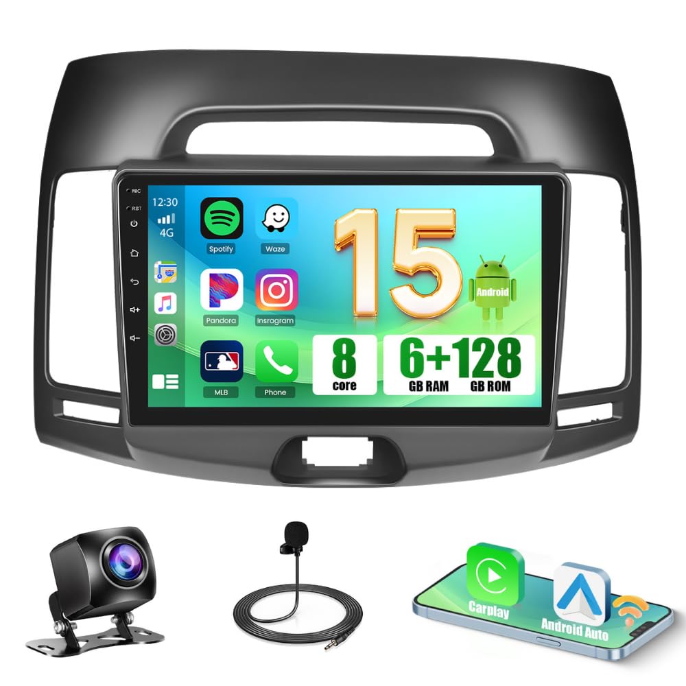 Photo 1 of [8-Core 6+128G] Hikity Android 15 Car Stereo for Hyundai Elantra 2007-2010 Wireless Carplay Android Auto, 9'' Touch Screen Radio GPS 5G WiFi Bluetooth Radio Mirror Link FM/RDS/32EQ/DSP SWC Backup Cam